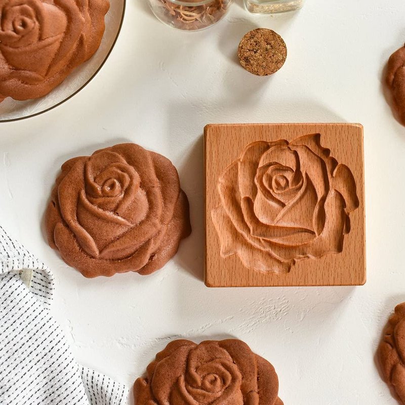 Carved Wooden Gingerbread Cookie Mold,3D Wooden Baking Mold Cookie Biscuit Press Stamp Molds, Cookie Cutter Set with Provance Rose Cookie Stamp ， DIY Biscuit Chocolate Stamp Mould (4PCS（A）)