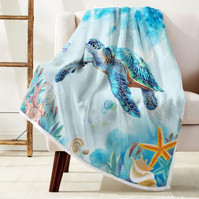 JAWO Sea Turtle Blanket Coastal Throw Cozy Beach and Nautical Sea Turtles Blanket Sea Animal Starfish Turtle Blankets Throws Gifts for Kids and Adults 50" x 60", Teal