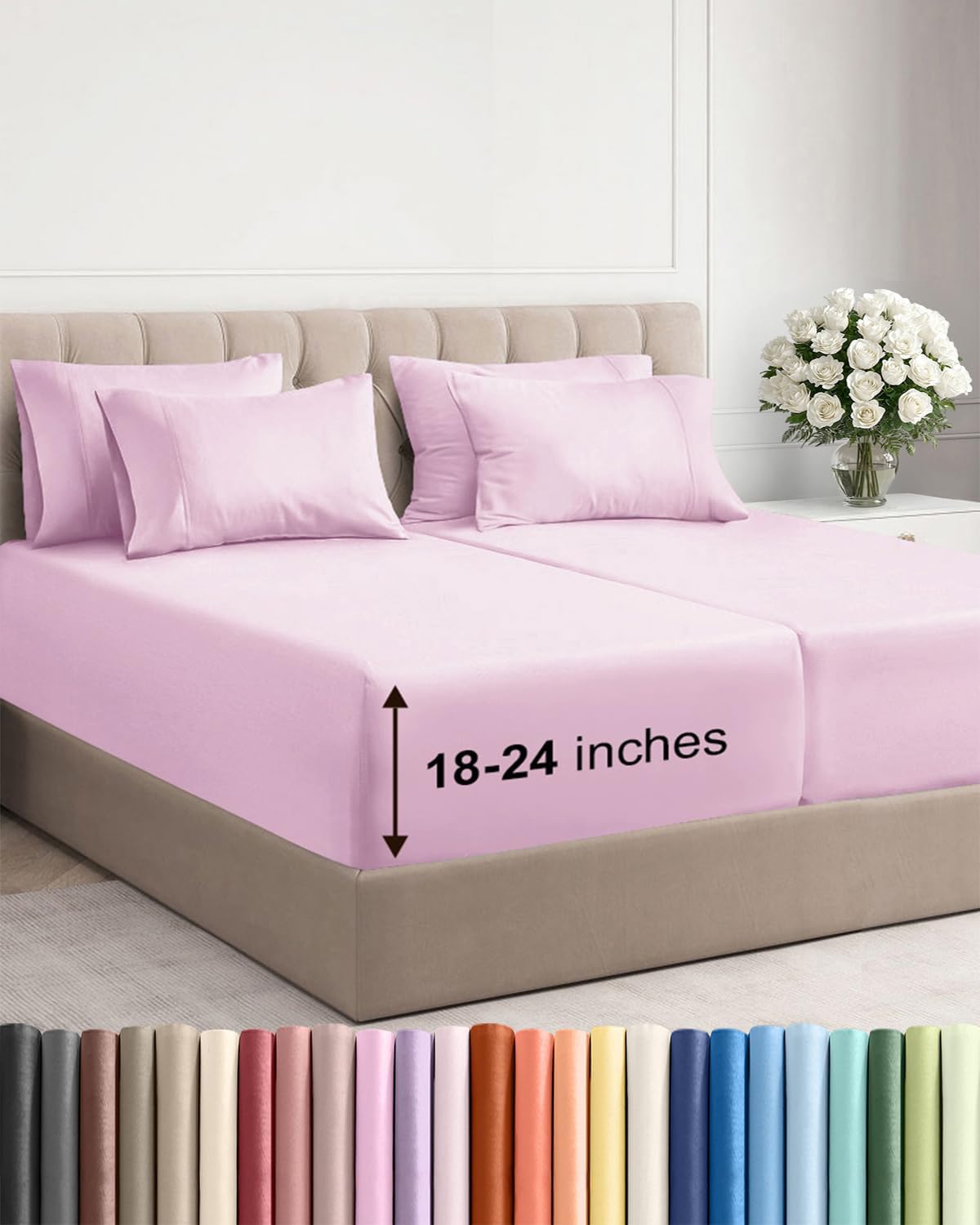 Skiennix Extra Deep Split King Sheet Set - 7 Piece Breathable Cooling Bedding - Soft Wrinkle-Free Light Pink