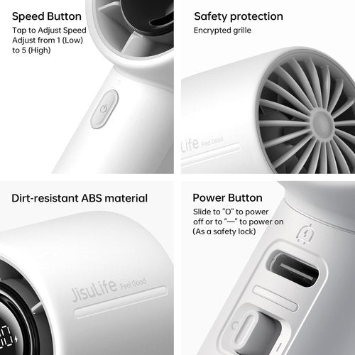 JISULIFE Handheld Turbo Fan - 5000mAh Rechargeable Portable Fan | 28 Hours Runtime, 5 Speed, Gray