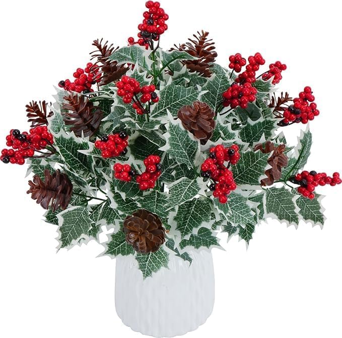 Xmas 6pcs Artificial Christmas Flowers with Holly Berries Pine Cones, Detachable Holiday Decor