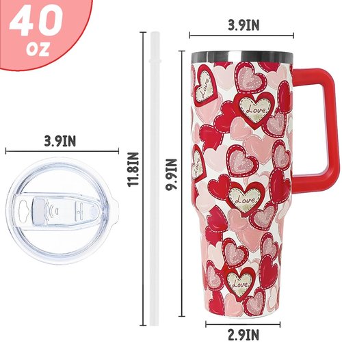 Nqhsionv Valentines Tumbler with Handle 40 oz Red Love Hearts Coffee Travel Mug Stainless Steel Insulated Cup Valentines Anniversary Wedding Birthday Gifts for Women