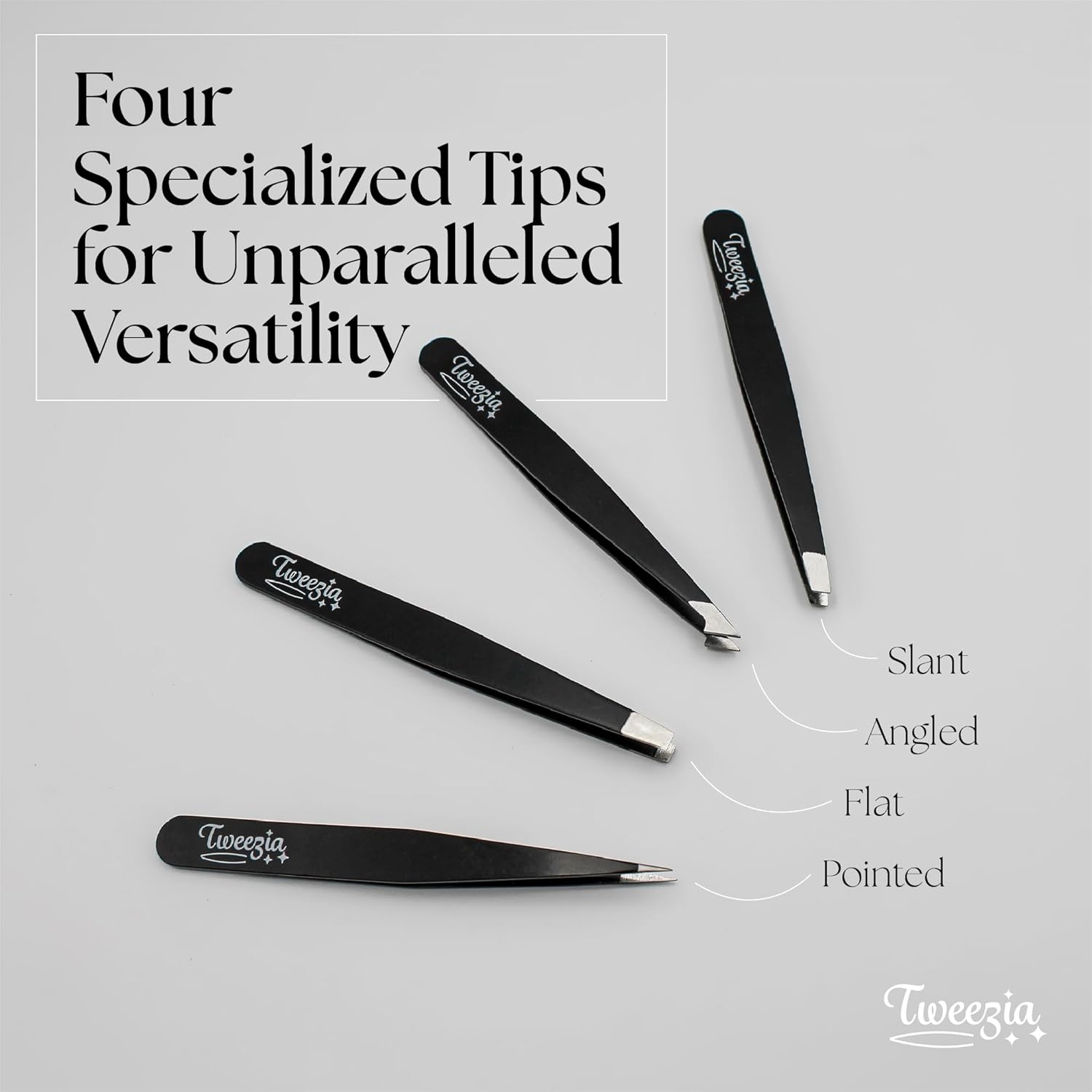 TWEEZIA Stainless Steel Tweezer Set - 4 Precision Tweezers with Mirror & Leather Case | Ideal for Eyebrows, Ingrown Hairs, and Splinters