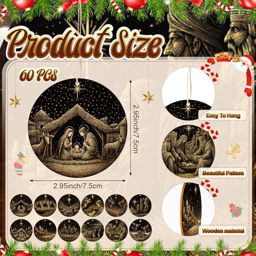 60 Pcs Nativity Scene Christmas Ornaments Wooden Decorations Bulk Set