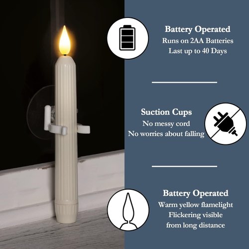 Homemory 6 Pcs Window Candles - Flameless LED Taper Candles with Dusk to Dawn Sensor | Ivory Striped Design
