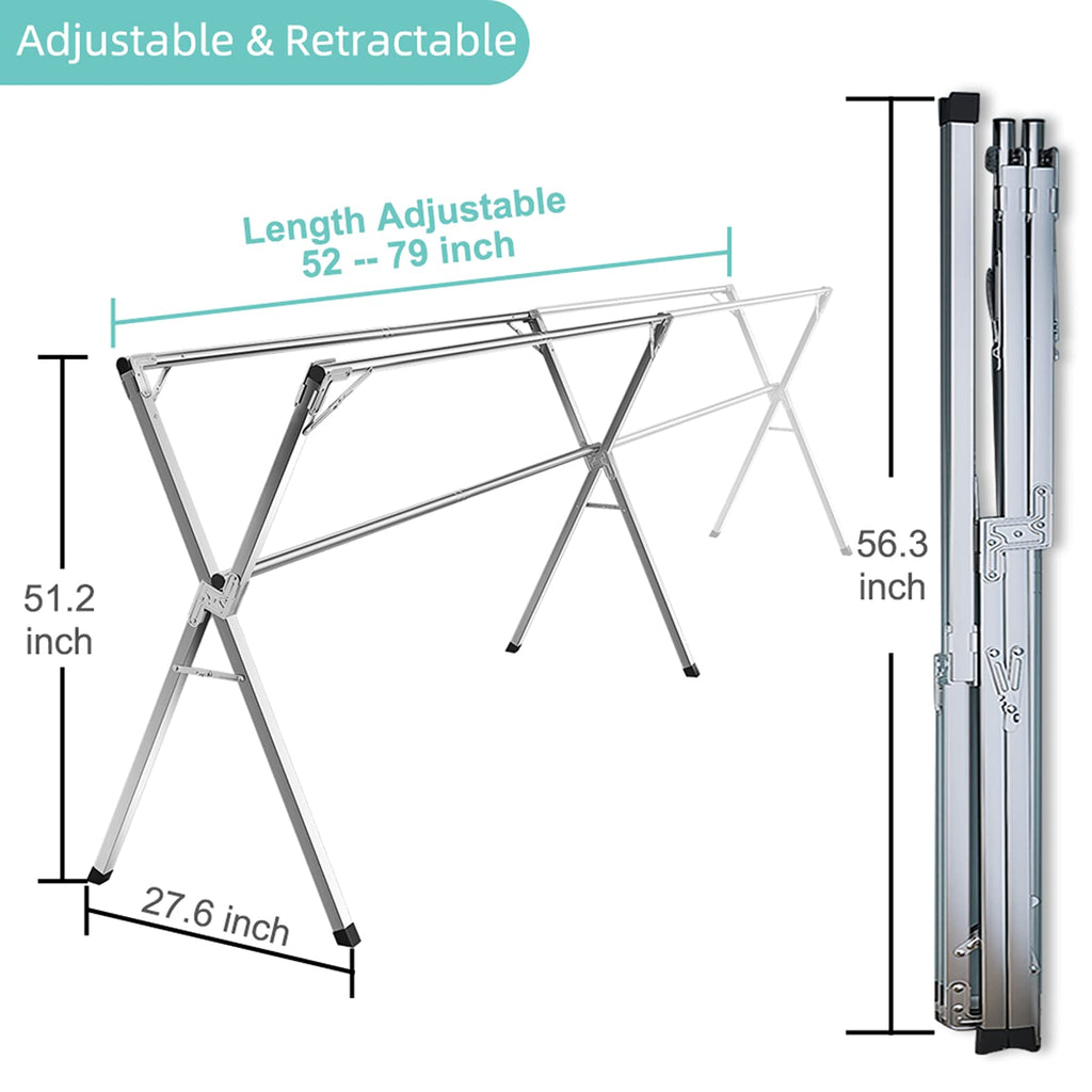YACASA Clothes Drying Rack, 79 inch Heavy Duty Stainless Steel Laundry Drying Rack, Foldable &Length Adjustable Space Saving Garment Rack, with 20 Windproof Hooks.