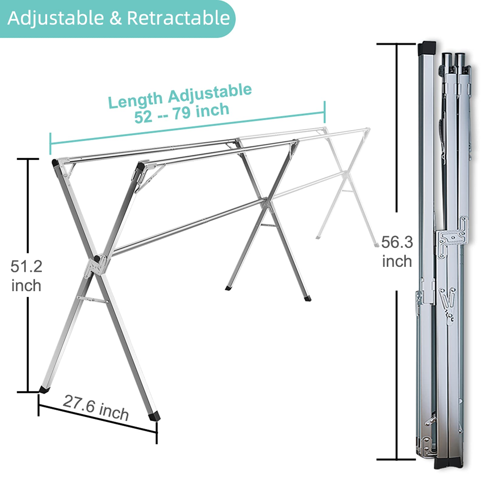 YACASA Clothes Drying Rack, 79 inch Heavy Duty Stainless Steel Laundry Drying Rack, Foldable &Length Adjustable Space Saving Garment Rack, with 20 Windproof Hooks.