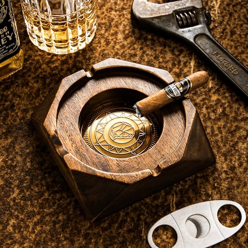 Wooden Cigar Ashtray with Aluminum Alloy Liner, 4-Groove Ash Tray