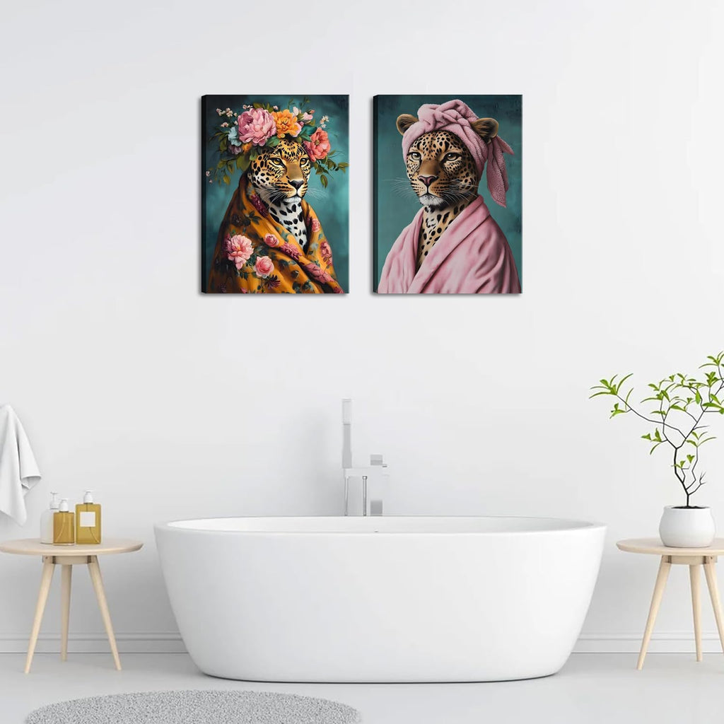Regine Switzerland Funny Leopard Bathroom Wall Art Set - Eclectic Animal Canvas Prints | 12x16 Inch Framed Decor