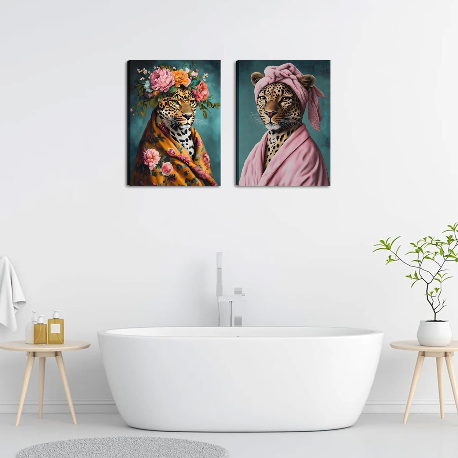 Regine Switzerland Funny Leopard Bathroom Wall Art Set - Eclectic Animal Canvas Prints | 12x16 Inch Framed Decor