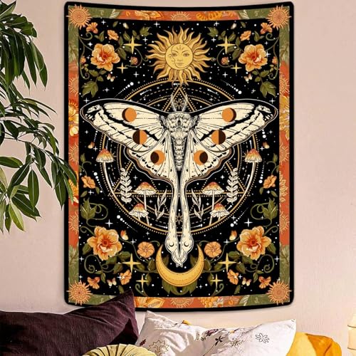 Vintage Orange Moth Tapestry - Boho Floral Mushroom Wall Hanging (30" x 40")