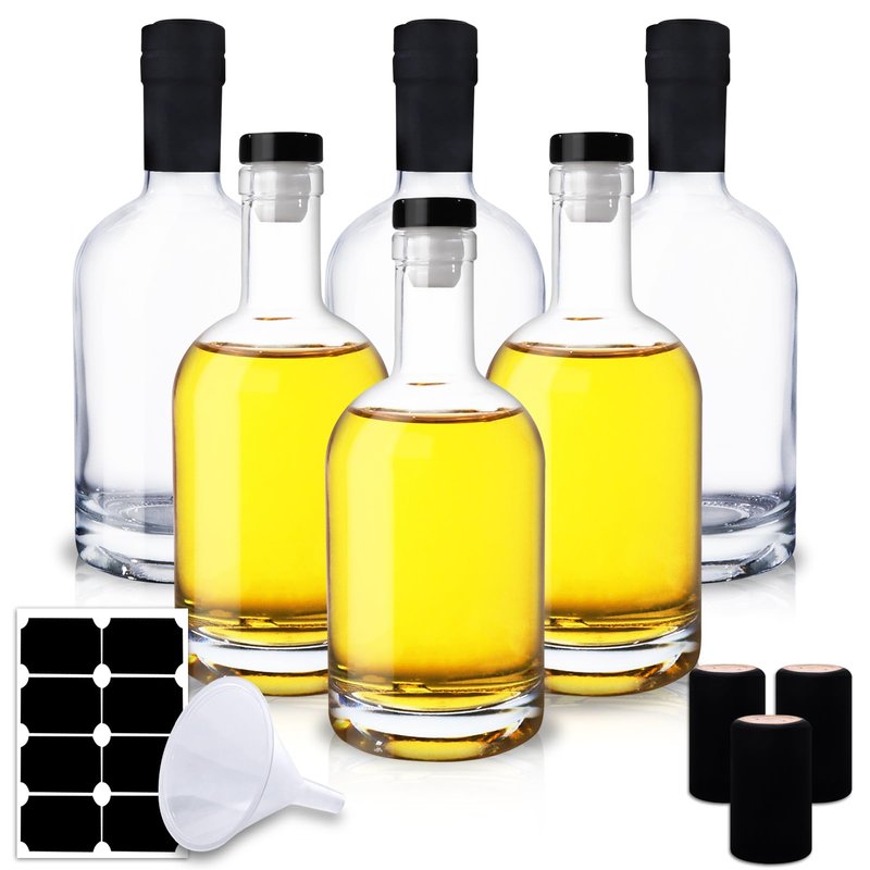 NAWORLI 12 OZ Clear Glass Bottles with Cork, 6 Pack 375 ML Liquor Bottles with T-shaped Stopper Caps and PVC Shrink Capsules, Empty Heavy Base Vodka Bottles for Whiskey, Wine
