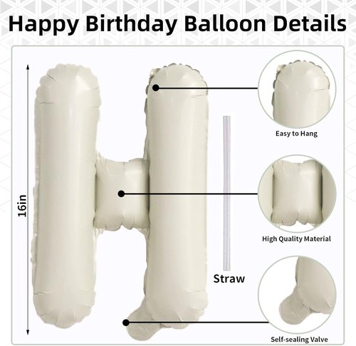 Happy Birthday Balloon Banner by Cream - Neutral Beige Foil Balloons | 16 Inch Ivory White Party Decor