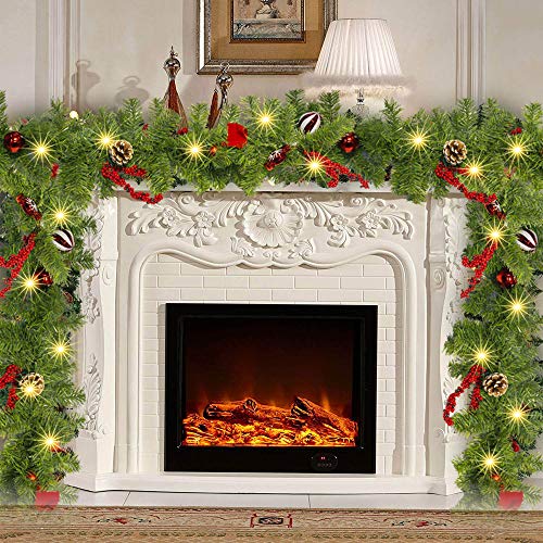 FUNPENY 9ft Pre-Lit Artificial Christmas Garland with 50 LEDs, Red, 8 Modes