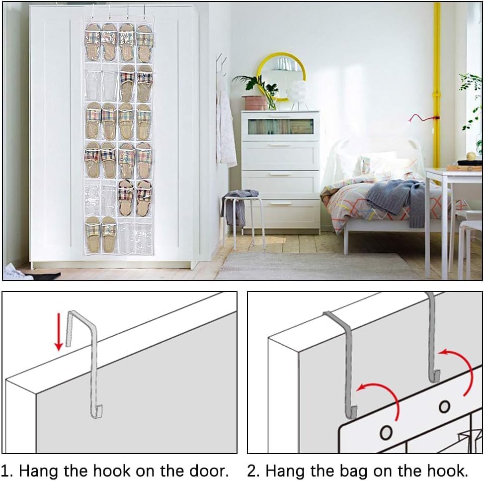 Skiennix Over The Door Shoe Organizer - 24 Pocket Folding Hanging Rack with Hooks for Bedroom/Bathroom