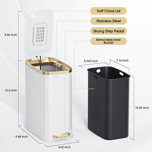 CEROELDA Stainless Steel Small Bathroom Trash Can with Lid - Soft Close 5L/1.3 Gal | Slim Design for Office, Bedroom, and Toilet - White