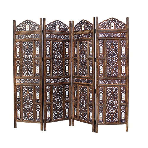 4-Panel Hand Carved Wood Room Divider, 72x80 Inch Folding Privacy Screen