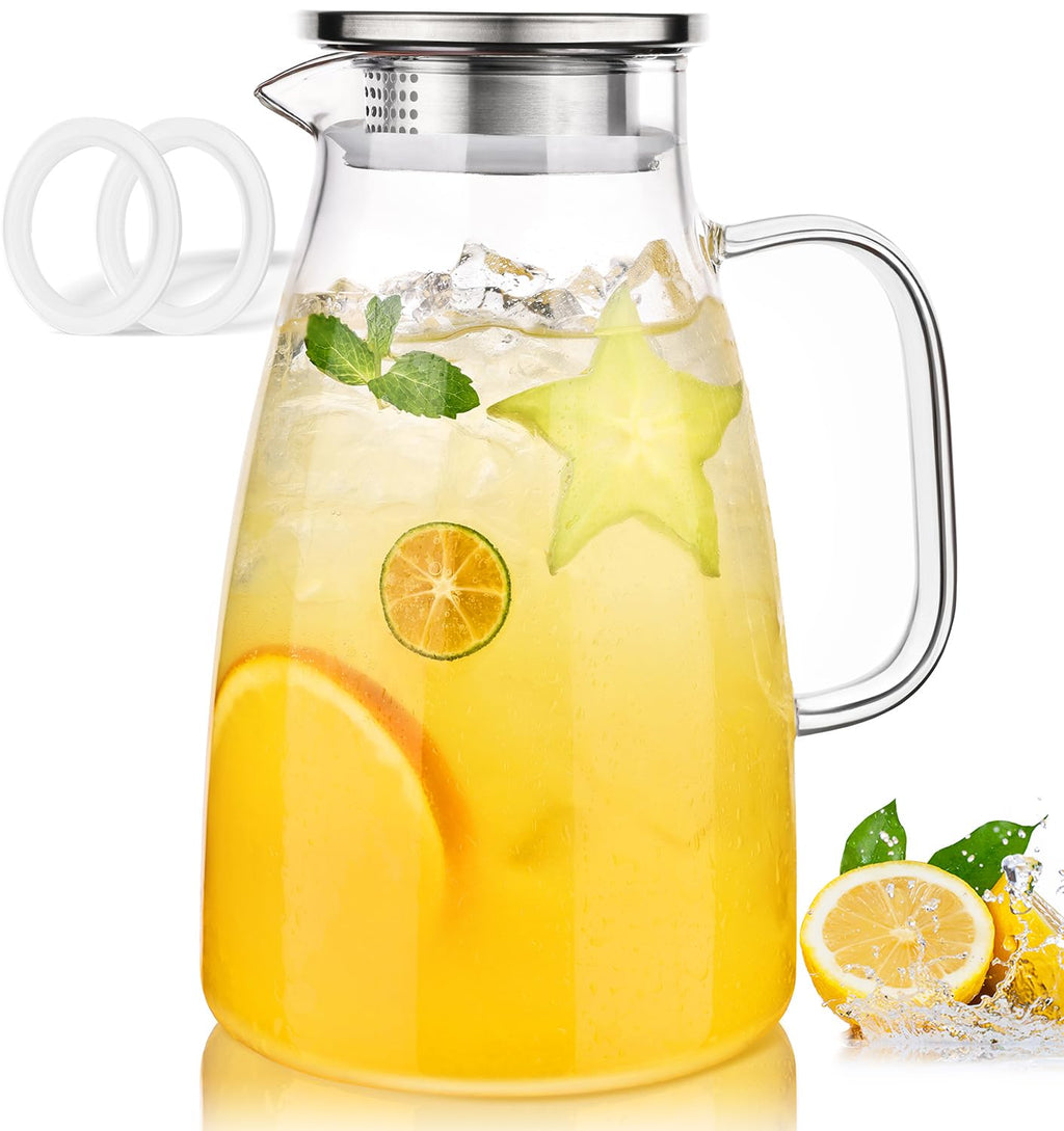 LUNA & MANTHA 2 Liter 68oz Water Pitcher with Handle and Spout, Glass Pitcher with Lid for Fridge, Borosilicate Glass for Sangria, Iced Tea, Juice, Cold/Hot Beverage, Large Jug with 2 Silicone Rings