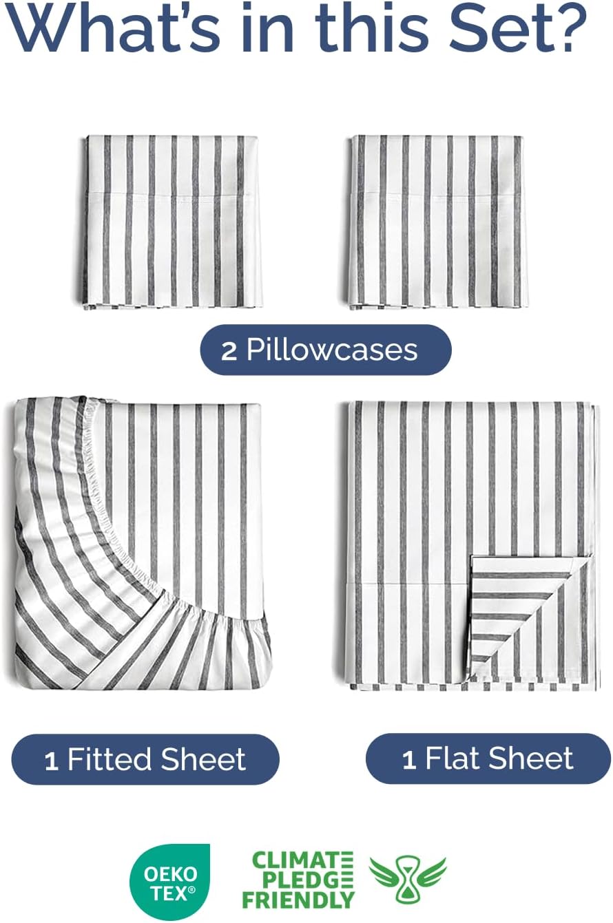 Skiennix Extra Deep Twin Sheet Set | 4-Piece Breathable Cooling Bedding - Soft, Wrinkle-Free Grey Stripes