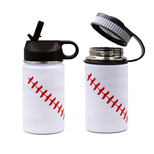 12 oz Baseball Water Bottle, Sports Flask Metal Travel Tumbler with 2 Lids, Stainless Steel Double Wall Vacuum Insulated Leak Proof Thermo Water Bottles, Baseball Accessories Gifts for Mom Boys Girls