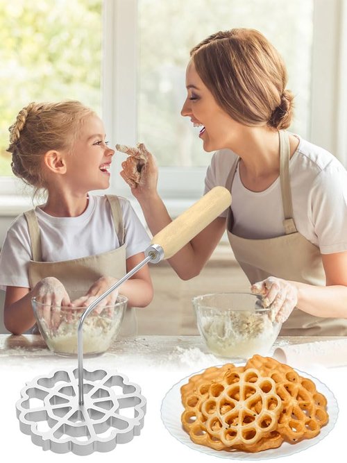 RVEFOT Bunuelos Mold,Aluminum Bunuelos Cookie Maker Mold with Wooden Handle, Detachable Rosette Iron Molds Set,Waffle Molds Funnel Cake Ring,Achappam Mold for Kitchen Baking Cooking 4.8 inches