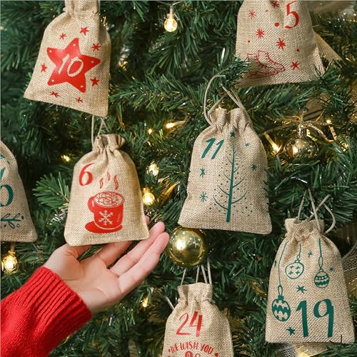 Golibra Red Christmas Advent Calendar Bags - 24 Count Holiday Countdown Decor