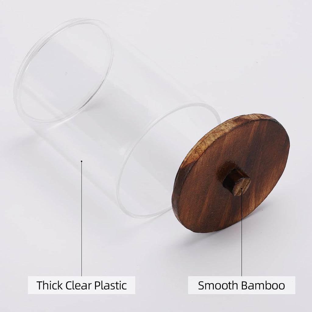 Tbestmax Qtip Holder Bathroom Set - 4 Clear Plastic Organizers with Wood Lids for Cotton Balls & Swabs