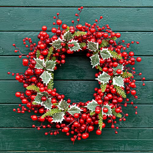 JINGHONG 20-Inch Artificial Christmas Wreath with Red Berries & Holly for Indoor Outdoor Holiday Decor