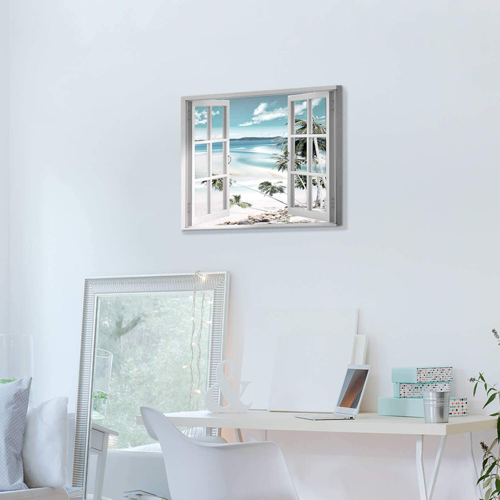Hardy Gallery Open Windows Canvas Wall Art: Beach with Coastal Palm Graphic Artwork Print on Wrapped Canvas for Wall Decor(24''x18'')
