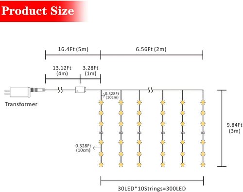 AWQ 300 LED Window Curtain String Lights - 8 Modes for Indoor/Outdoor Decor | 6.6ft x 9.8ft Warm White