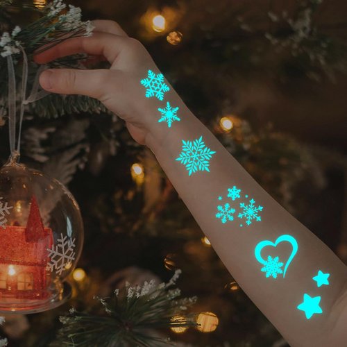 CHARLENT Blue Luminous Snowflake Temporary Tattoos - 74 Sheets of Winter Party Designs for Kids & Adults