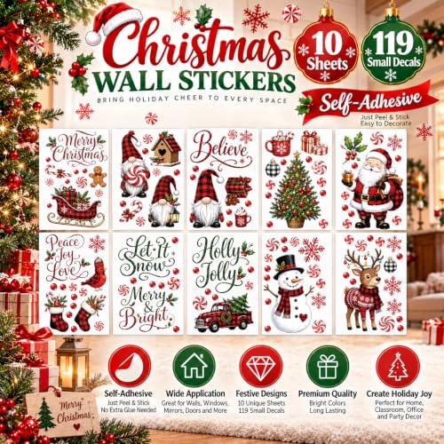 119 PCS Christmas Wall Decals Vinyl Stickers Holiday Decor for Home & Classroom