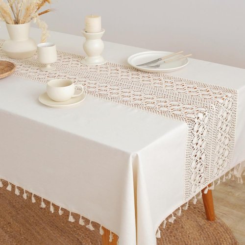 AMZALI Tablecloths for Rectangle Tables, Washable Crochet Lace Cotton Linen Table Cloth Dust-Proof Table Cover with Tassles for Kitchen Dining Room, Party, 55 x 86 Inch, Beige