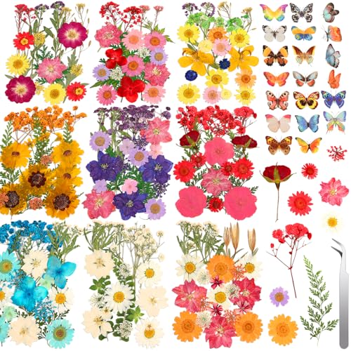 235 Pcs Pressed Dried Flowers and Resin Butterfly Stickers Set for Crafts