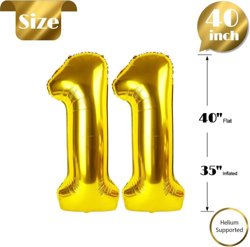 Gold Number 11 Balloon - 40 Inch Giant Foil Decoration for 11th Birthday Party Supplies