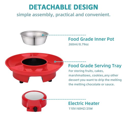 8.79oz MINI Electric Chocolate Melting Pot,Melting Fondue Set with 4PCS Forks,Cute Chocolate Fondue Fountain,Warmer Machine for Milk Chocolate,Cheese,Butter,Candy (Red)