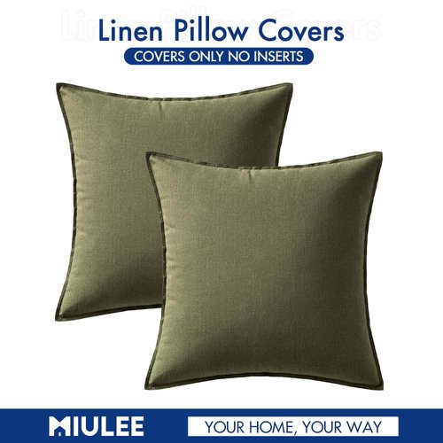 MIULEE Pack of 2 Decorative Linen Pillow Covers Boho Farmhouse Modern Soft Spring Accent Throw Pillows Neutral Cushion Covers for Sofa Couch Bed Living Room Home Decor, 18x18 Inch Olive Green