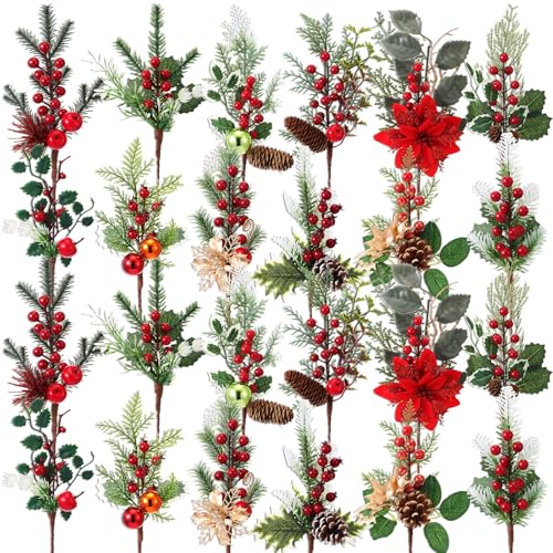 Suncalla 24 Pcs Christmas Berry Picks with Pinecones Holly - Holiday Decor