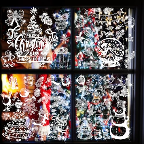 Glitter Christmas Window Clings - 9 Sheets Snowman Gingerbread Bell Window Decor