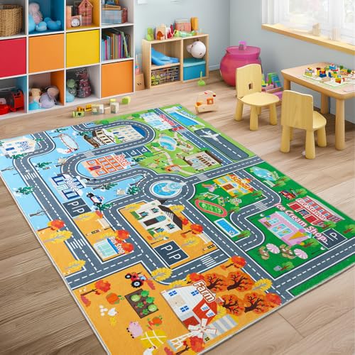 Kids City Road Play Mat - 4' x 5' Non-Slip Washable Toy Car Track Rug