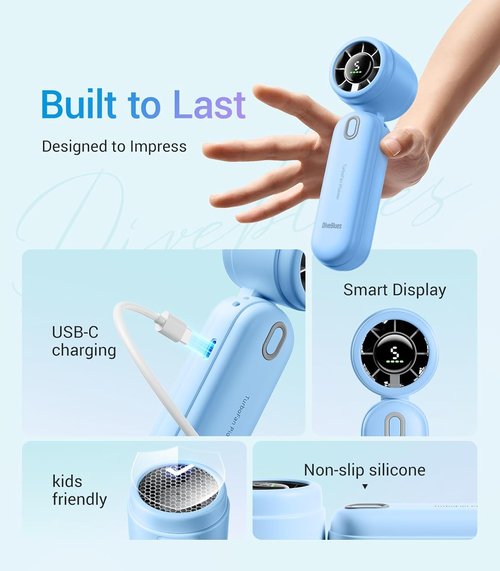 Diveblues Portable Handheld Turbo Fan - High-Speed USB Rechargeable Pocket Fan for Travel & Home (Blue)