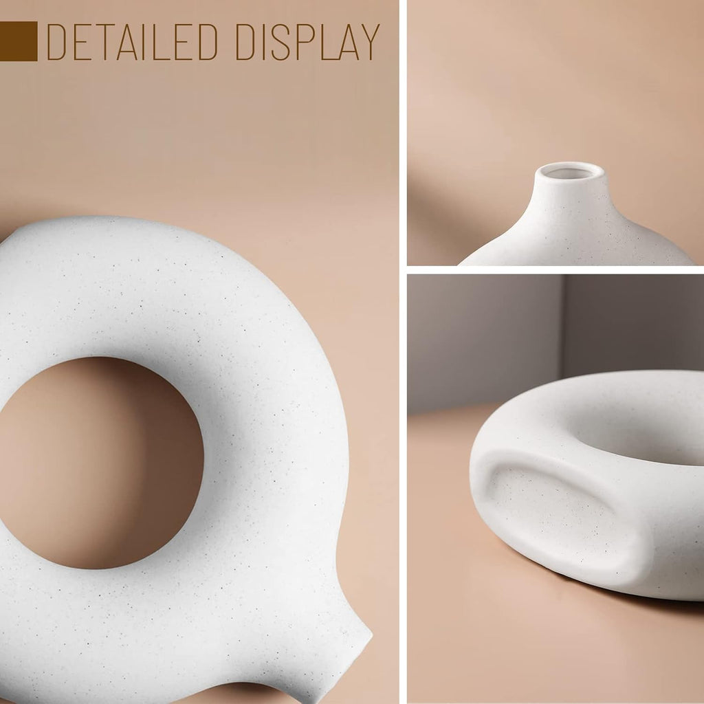 Skiennix White Ceramic Vases - Modern Circle Pampas Grass Decor | Set of 2 for Minimalist Home & Office