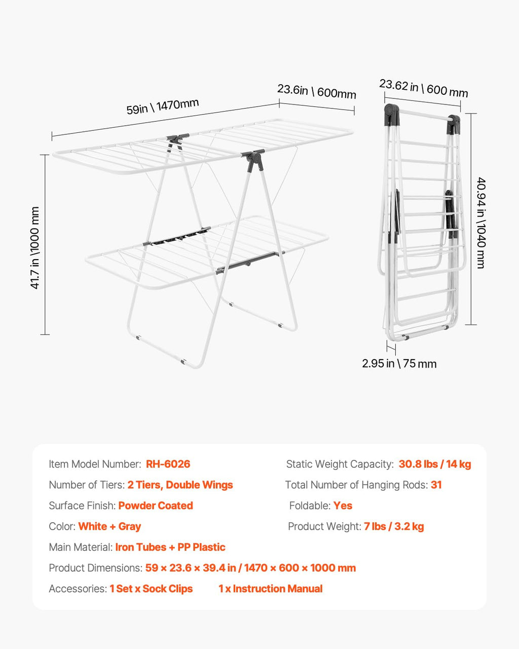VEVOR Clothes Drying Rack, 2-Tier Foldable Laundry Dryer Rack with Sock Clips & 31 Dry Rods, Metal Height Adjustable Drying Racks for Outdoor & Indoor, Free-Standing & Space-Saving Hanger, White