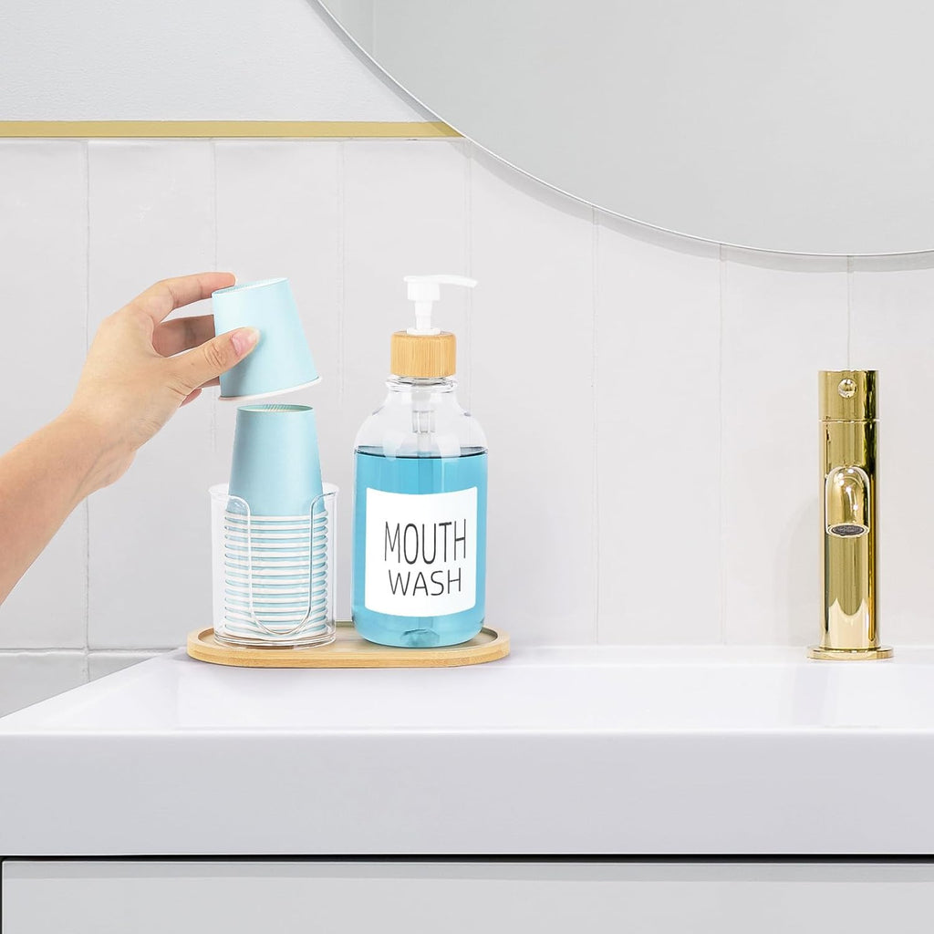 Regine Switzerland Mouthwash Dispenser - 17oz Refillable Clear Pump Bottle with Cup Holder & Tray