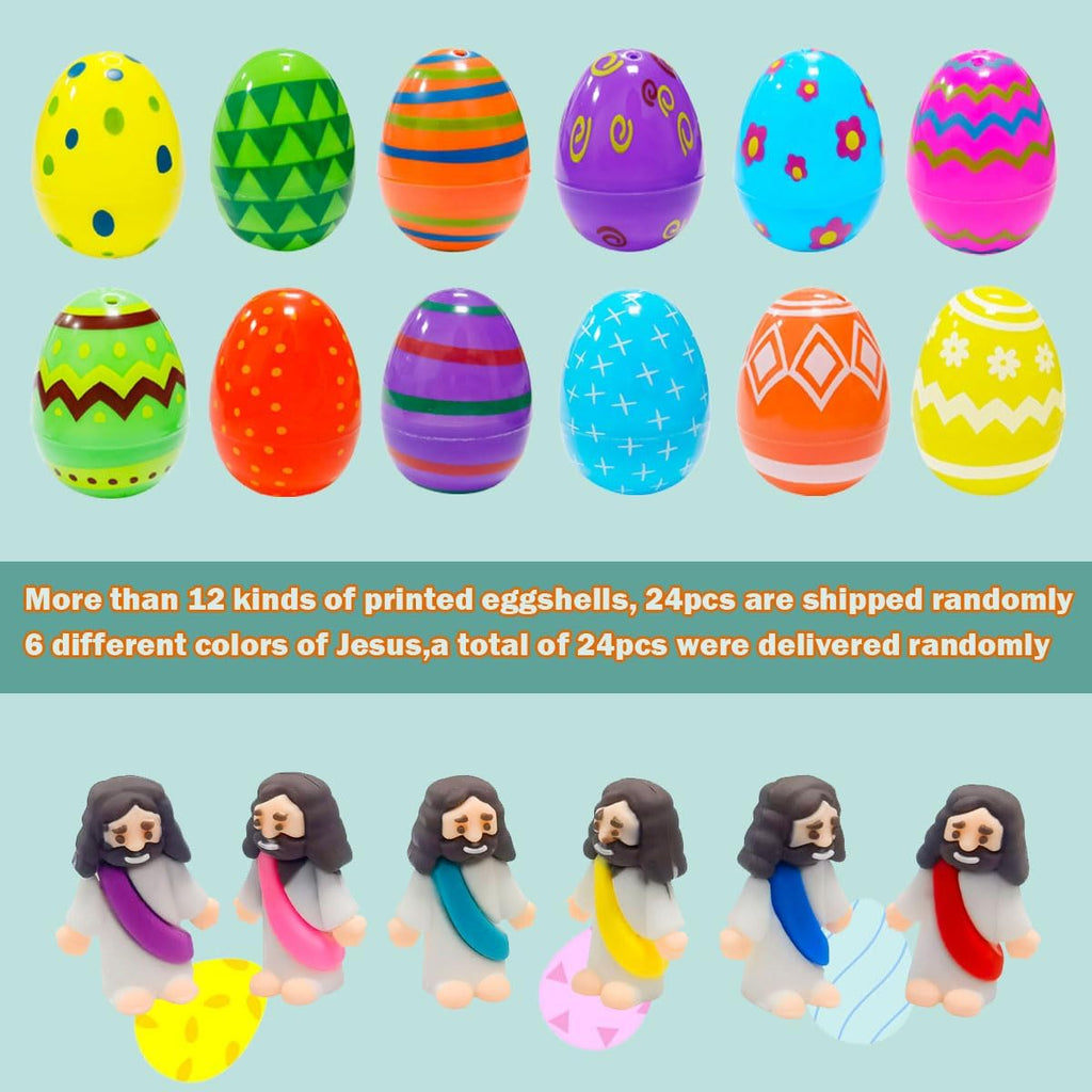 Skiennix 24 Pcs Prefilled Easter Eggs - Mini Jesus Figurines for Kids' Easter Egg Hunt & Basket Stuffers