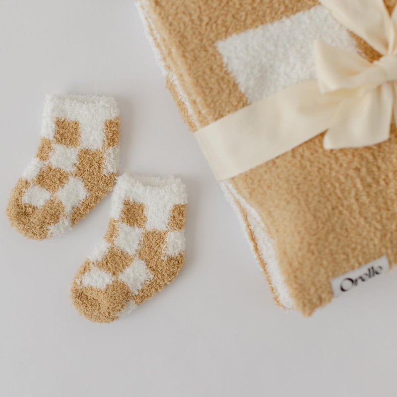 Orelle Checkered Baby Blanket & Matching Socks Set | Plush Baby Blanket | Luxury Ultra-Soft & Cozy Receiving Blanket | Newborn Gift & Registry Must-Have | 30x40” | Brown