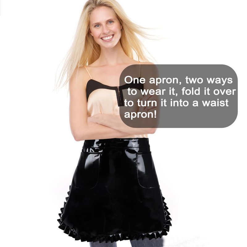 MIKI WELL Glossy Cute Ruffled Apron, Lace-Up Model with Two Pockets, Vinyl Apron for Artists and Barbers, Waterproof (Black)