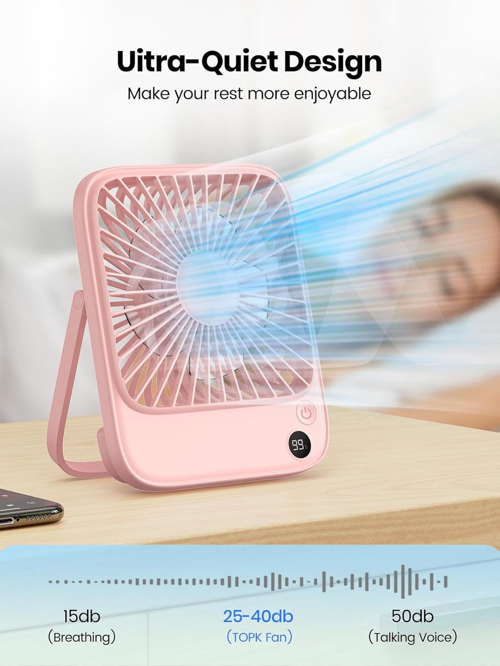 TOPK Portable Desk Fan - 5000mAh Ultra-Thin Rechargeable Battery Operated Fan | Quiet 4-Speed for Office & Travel