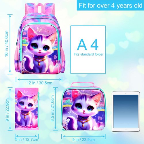 TXHVO 3Pcs Cat Backpack for School, 16" Girls Bookbag with Lunch Box, Kids Backpacks Set for Elementary Preschool Kindergarten(Pink)