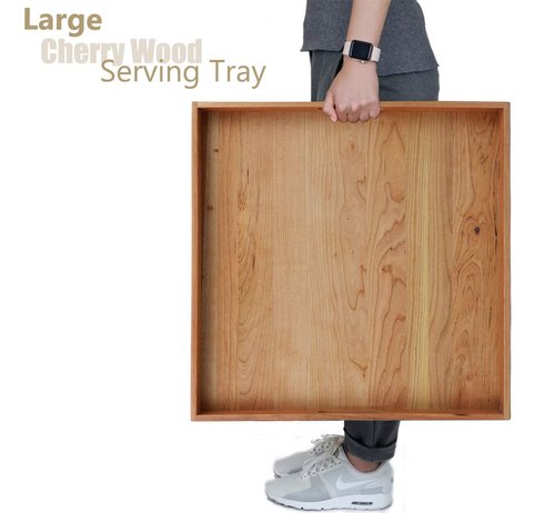 MAGIGO 19 x 19 Inches Large Square Cherry Wood Ottoman Tray with Handles, Serve Tea, Coffee Classic Wooden Decorative Serving Tray
